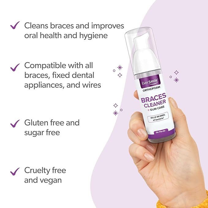 EverSmile OrthoFoam Braces Cleaner — Travel Size – Brushable Foam Whitens Teeth, Eliminates Bacteria, Fights Plaque and Bad Breath – Cleans Under Metal, Ceramic, Clear Brackets and Wires – 25ml