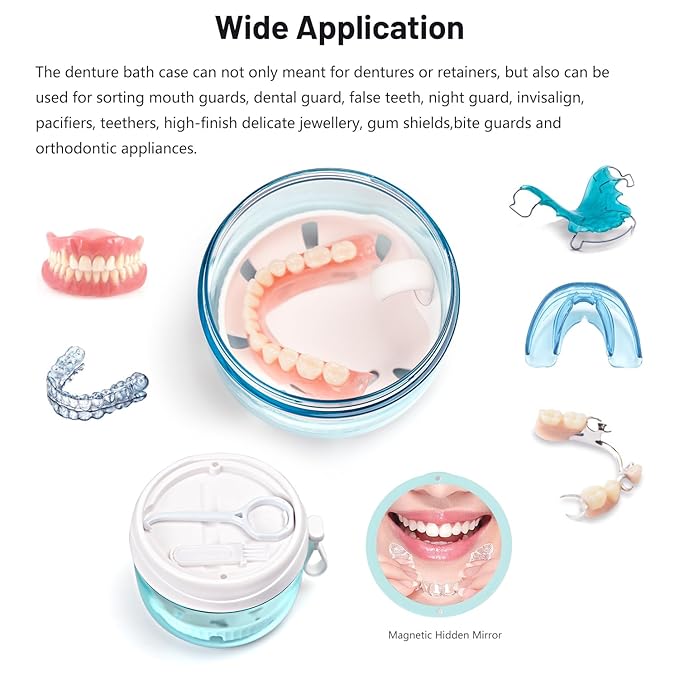 Denture Case, Leak Proof Denture Bath Cup for Travel, Denture Container Cups for Soaking Full & Partial Dentures, Retainers, Mouth Guard with Denture Cleaner Brush, Aligner Removal Tool - White
