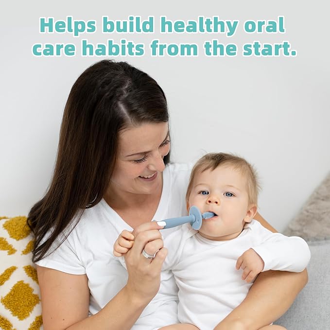 BumbleBee 360° Silicone Toothbrush & Finger Toothbrush Set - Soft Silicone Toothbrush for Baby, Infant Toddler - Baby Training Toothbrush Set Oral Care Kit - Misty Blue