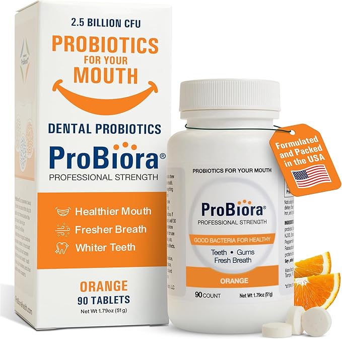 ProBiora Professional Strength Oral Probiotics for Teeth and Gums | Dental Probiotic for Oral Health | Bad Breath Treatment for Adults | Tooth Whitening | ProBiora3 Probiotic Blend | 90 Orange Tablets