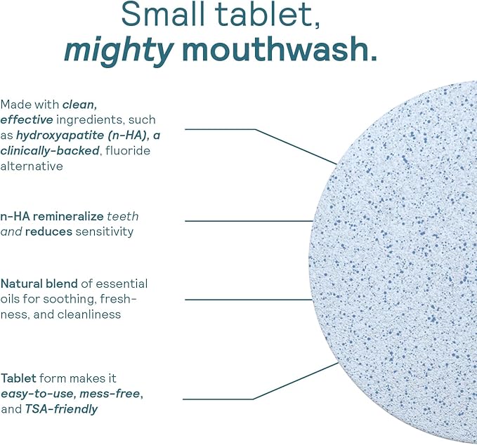 HUPPY Mouthwash Tablets with Nano Hydroxyapatite - Refreshes Breath and Remineralizes Teeth - Hydroxyapatite Tabs Perfect for Travel - Nanohydroxyapatite Mouthwash, 124ct, Cool Mint Flavor