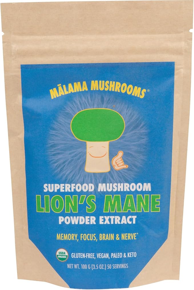 Lion's Mane Extract Powder by Malama, Organic Fruiting Body Lions Mane Mushroom Powder, Superfood Adaptogenic, Supports Memory, Focus, Brain, & Nerves