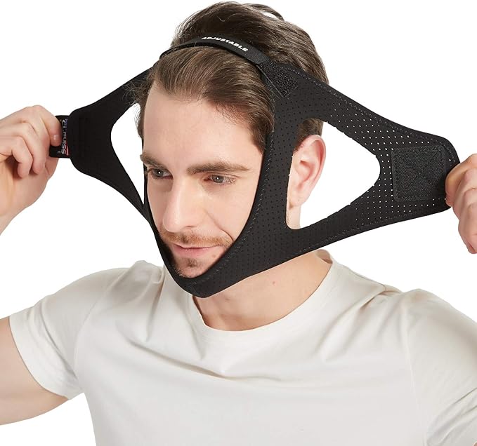 Adjustable Anti Snoring Chin Strap for CPAP Users - Breathable Snore Stopping Device Face Mask Bandage Keeping Mouth Closed (Black)