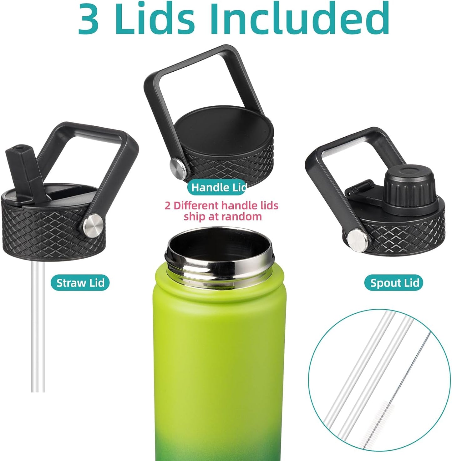 22oz Stainless Steel Bottles with 3 Lids Sport Insulated Water Bottle,Bamboo Grove