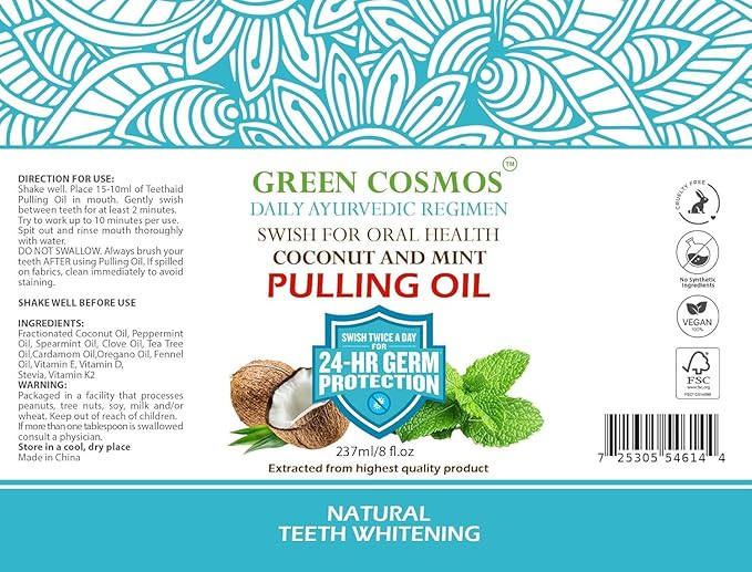 Coconut Mint Pulling Oil Mouthwash, 237ml Natural Teeth Whitening, Ayurvedic Daily Swish for Oral Health Alcohol & Fluoride Free, Healthy Gums, Fresh Breath, Solution for Bad Breath