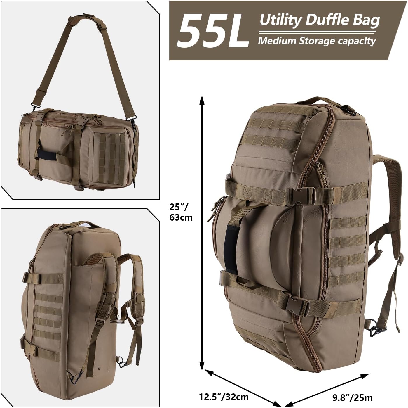 55L Large Duffle Bag, 3-in-1 Tactical Backpack MOLLE Pack for Gym, Sports, Outdoor, Coyote