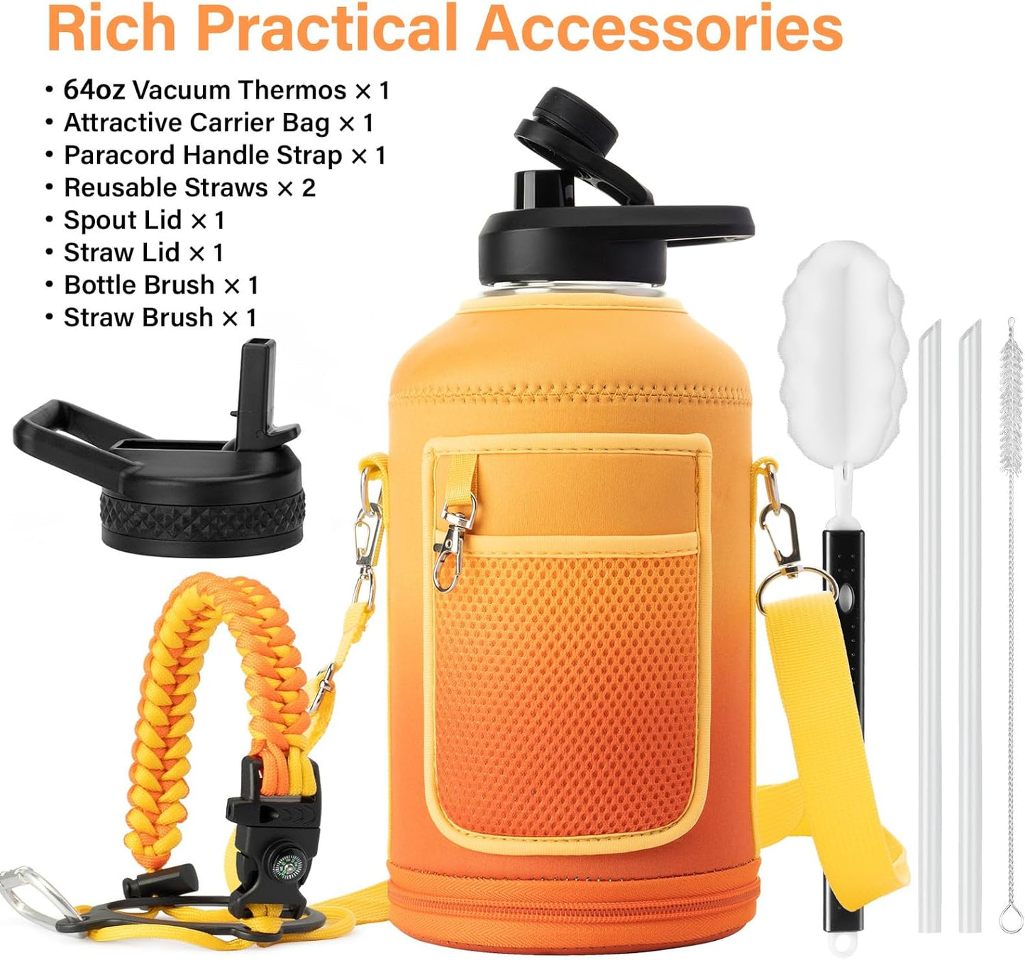 Insulated Water Bottle | Thickened Stainless Steel Vacuum Metal | Portable Sports Half Gallon Large Water Jug for Gym and Hiking with Straw, Carrier Bag, Handle Strap | BPA-Free 64 oz