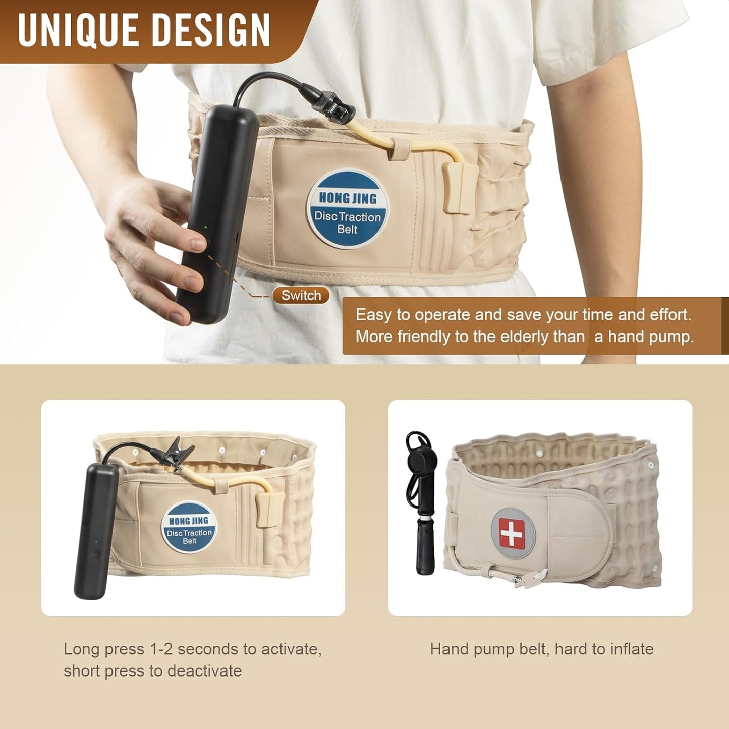 HONGJING Electric Pump Decompression Belt for Lower Back Pain Relief, Inflatable Back Reliever Lumbar Support Brace, One Size Fits 29-49 Waist