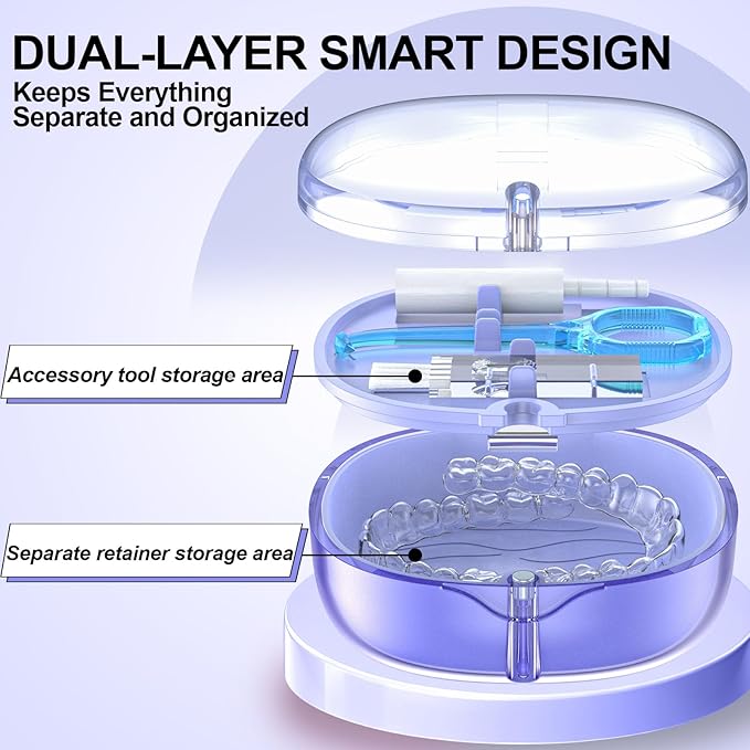 Double-layer Retainer Box Case Orthodontic Teeth Aligner Case with Mirror, Dental Night Mouth Guard Holder with Retainer Remover Tool, Chew and Brush - Secure Magnet Closure - Transparent Blue