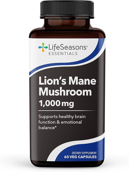 LifeSeasons Essentials Lion's Mane Mushroom - Support Healthy Brain Function & Emotional Balance - Stimulate Nerve & Brain Cell Growth - Mood Enhancer - 1000mg per Serving - 60 Capsules