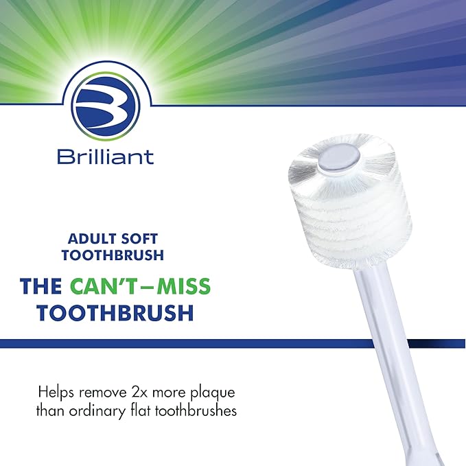Brilliant Oral Care Adult Toothbrush with Soft Bristles, Round Head, and All-Around Clean for Teeth and Gums, Clear, 6 Pack