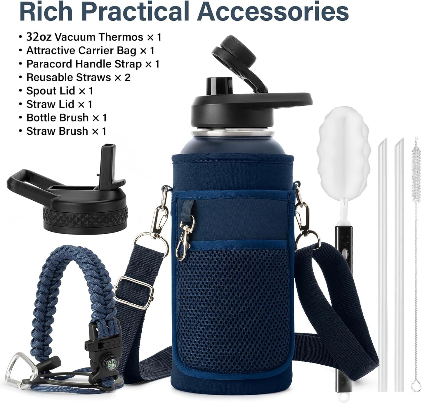 32 oz Insulated Water Bottle | Thickened Stainless Steel Vacuum Metal | Portable Sports Water Jug for Gym and Hiking with Straw, Carrier Bag, Handle Strap | BPA-Free 32 oz