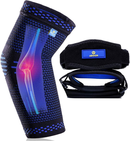 ABYON Compression Elbow Support, 1 Piece Compression Sleeve + 2 Pcs Tennis Elbow Pads for Men Women Pain Relieves Tendonitis, Arthritis, Tennis Elbow, Epicondylitis