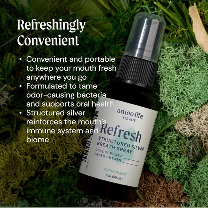 Ameo Life Natural Mint Mouth Spray with 10 ppm Colloidal Silver - Natural Breath Freshener & Dry Mouth Remedy with Xylitol - Portable Oral Care - Bad Breath Spray & Dry Mouth Relief - 2 oz