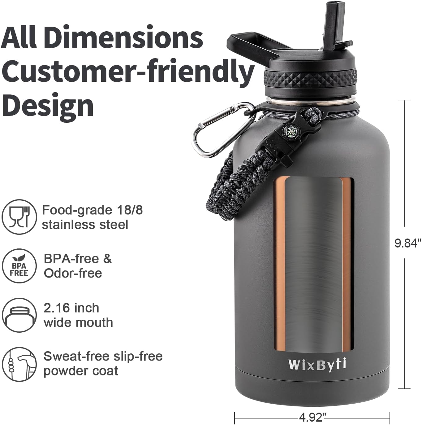 64 oz Insulated Water Bottle with Straw (Cold for 48 Hrs), Half Gallon Stainless Steel Triple Wall Vacuum Sports Water Jug, Leakproof Hydro Cup Flask with Straw Spout Lids & DIY Stickers