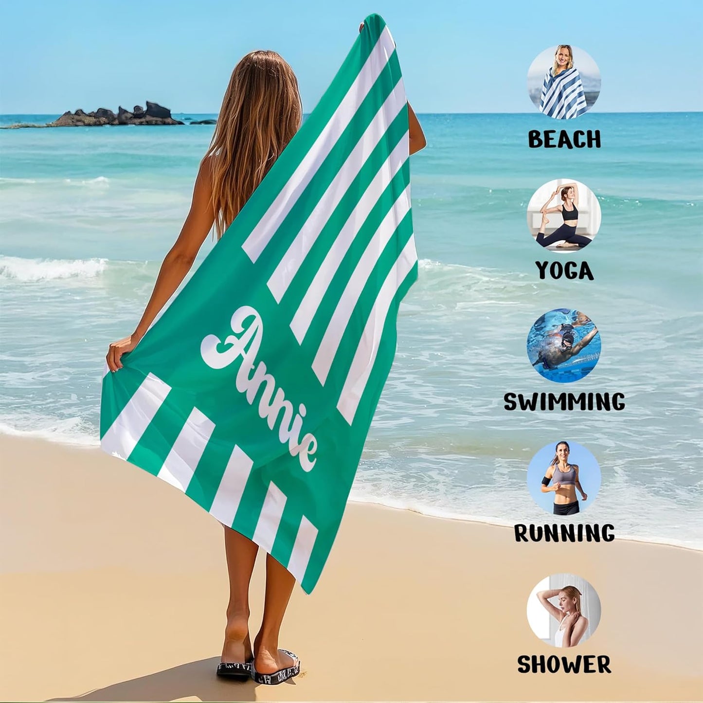 JML Personalized Beach Towel with Name, Custom Cabana Stripe Beach Towel, Customized Microfiber Pool Towel, Quick Dry & Absorbent Swim Towel for Adult,Mother's Day, Birthday, Summer Holiday,Vacation
