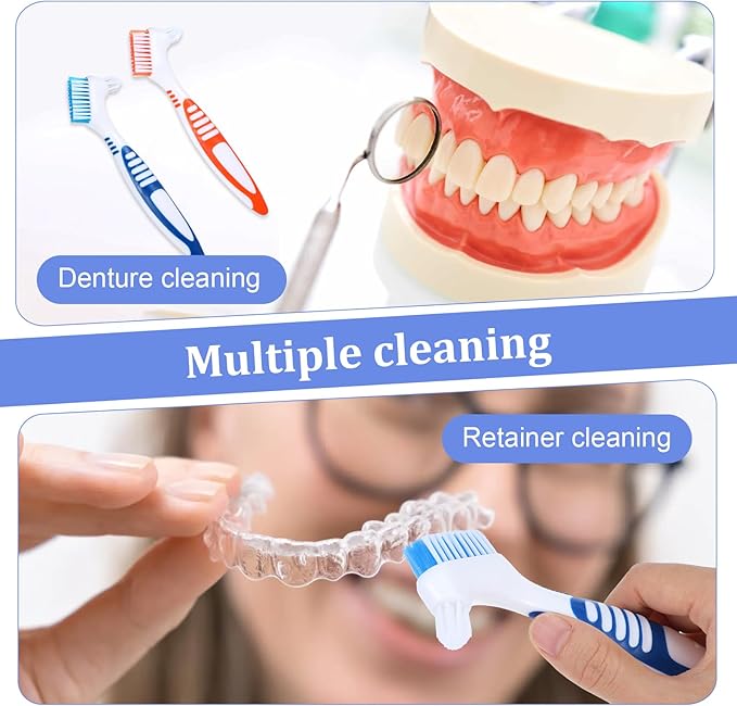 2Pcs Denture Brush, Denture Cleaning Brush Set with White Carrying Case Denture Toothbrushes with Multi-Layered Soft Bristles and Rubber Anti-Slip Handle (Blue + Orange)