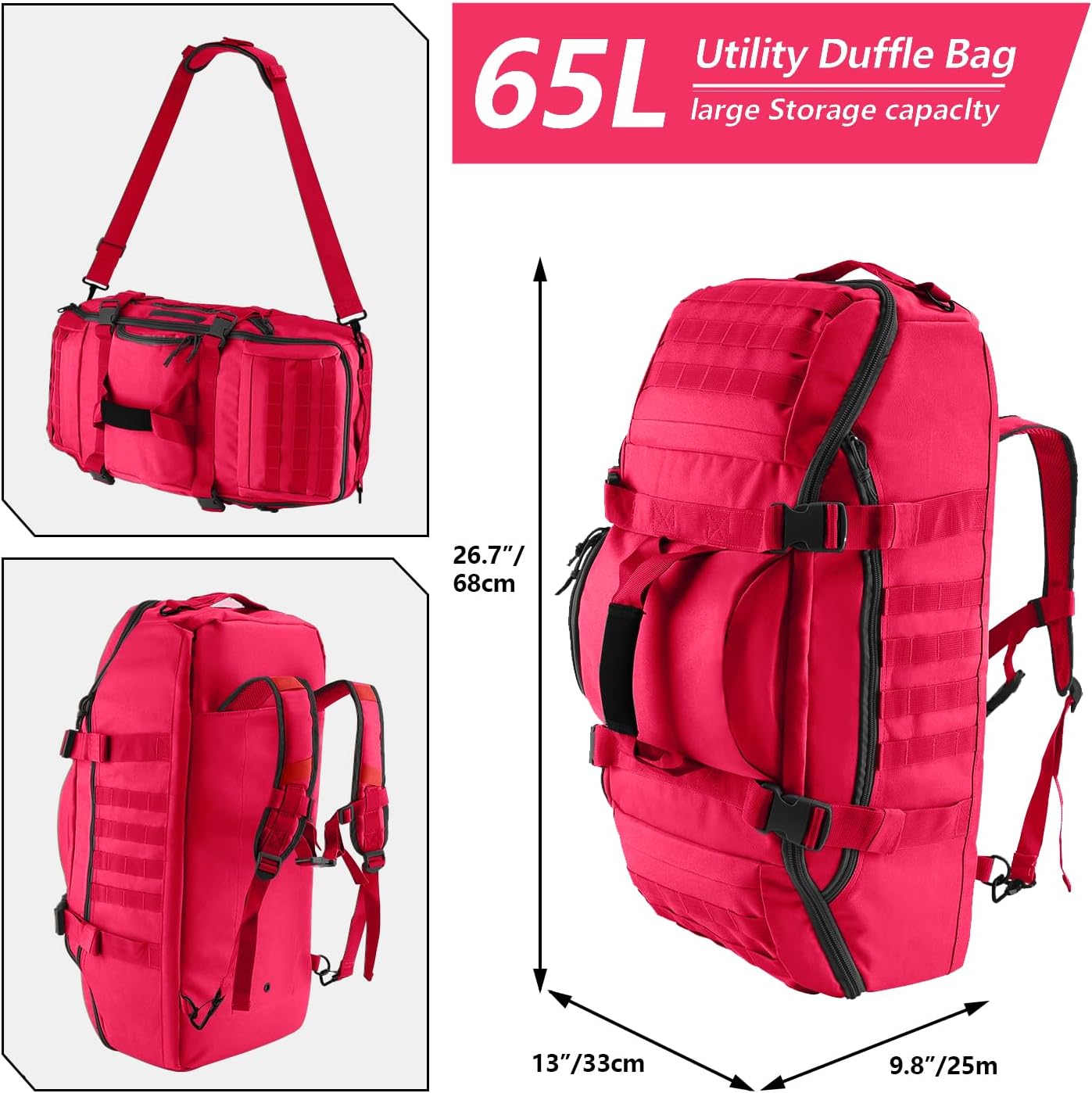 65L Large Duffle Bag, 3-in-1 Tactical Backpack MOLLE Pack for Sports, Gym, Outdoor, Red