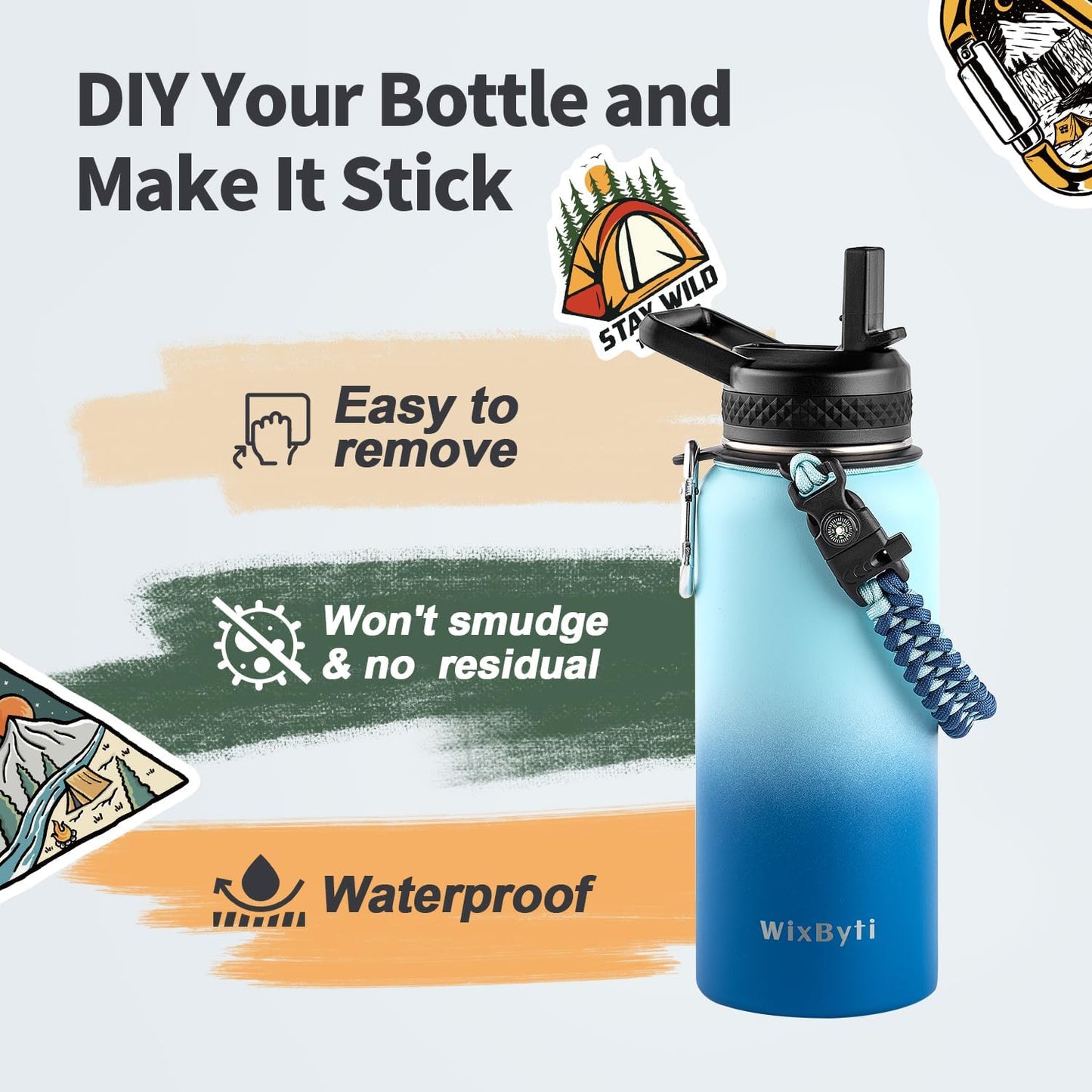 32 oz Insulated Water Bottle with Straw (Cold for 48 Hrs), Stainless Steel Triple Wall Vacuum Sports Water Jug, Leakproof Hydro Cup Flask with Paracord Handle & Straw Spout Lids & DIY Stickers