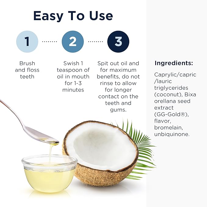 Designs for Health PerioPull - Pulling Oil for Teeth and Gums, Fresh Breath - Oil Pull with MCT Coconut Oil, GG, Bromelain & Coenzyme Q10 to Support Oral Health - Fresh Mint Flavor Oral Rinse (8oz)