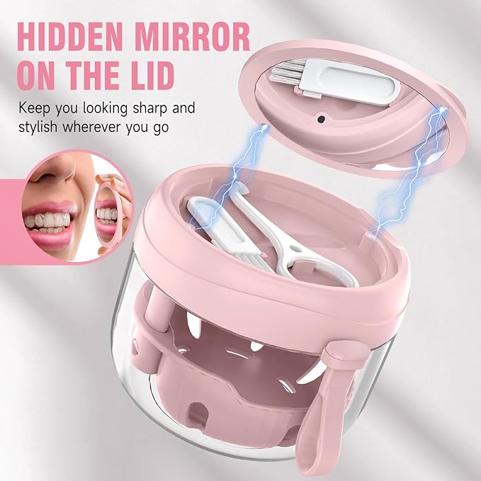Denture Bath Box Cup, Leak Proof Denture Cup Kit Portable Retainer Case for Travel, Denture Case Cleaning Care for Dentures Aligner Mouth Guard with Denture Brush,Strainer, Removal Tool and Mirror
