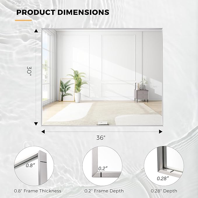 30x36 Inch Nickel Bathroom Mirror for Wall, Aluminum Frame Rectangle Rectangular Vanity Mirror, Modern Large for Bedroom, Living Room, Horizontal or Vertical