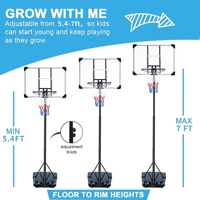 LSKSSNG Portable Adjustable Basketball Hoop System 5.4-7ft with 32Inch Shatterproof Backboard & Wheels, Suitable for Youth & Adults, Indoor/Outdoor