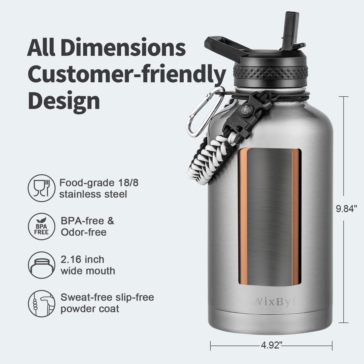 64 oz Insulated Water Bottle with Straw (Cold for 48 Hrs), Half Gallon Stainless Steel Triple Wall Vacuum Sports Water Jug, Leakproof Hydro Cup Flask with Straw Spout Lids & DIY Stickers