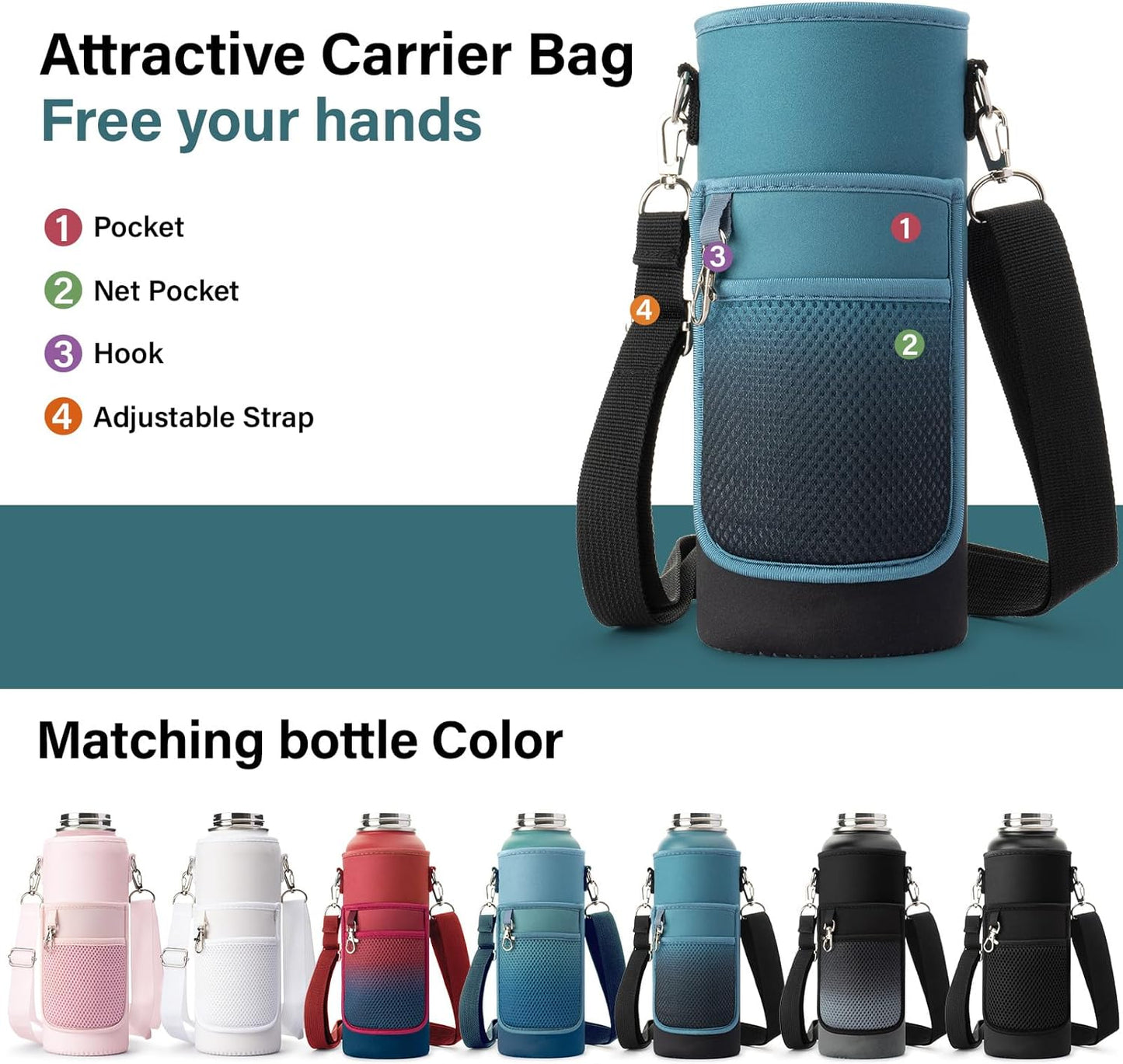 40 oz Insulated Water Bottle | Thickened Stainless Steel Vacuum Metal | Portable Sports Water Jug for Gym and Hiking with Straw, Carrier Bag, Handle Strap | BPA-Free 40 oz