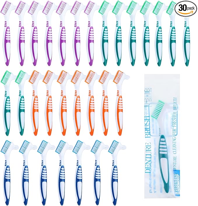 DIVINA VITAE 30Pcs Denture Toothbrush Multi-Layered Soft Bristles Denture Cleaning Brush Bulk Denture Brush with No-Slip Handle for False Teeth, Dental Devices, Mouth Guard(4 Colors)