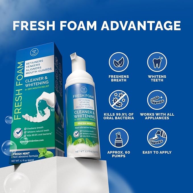 Retainer Cleaner Foam for Invisalign, Aligner Cleaner Whitening Foam for Mouth Guard Night Guard Veneers, Whitens Teeth, Freshens & Fights Bad Breath, 3% Hydrogen Peroxide, Mint - 50ml