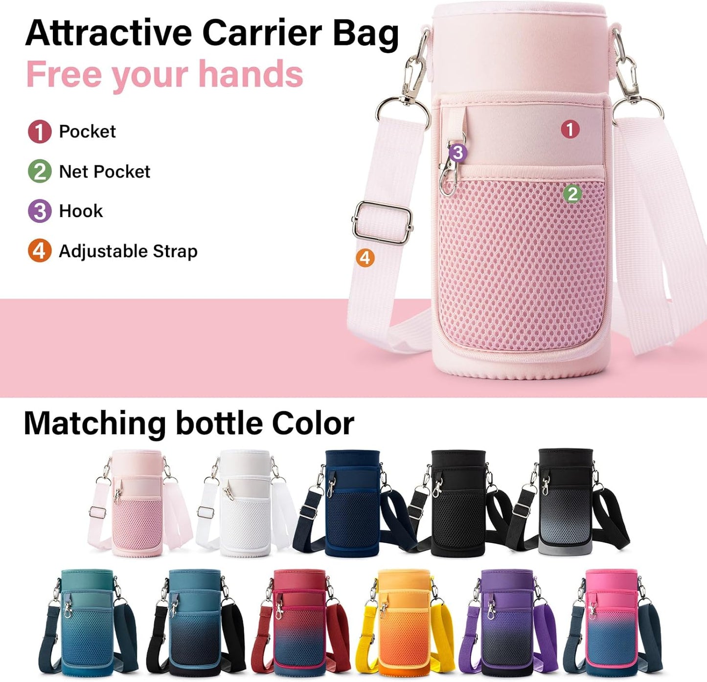 Insulated Water Bottle | Thickened Stainless Steel Vacuum Metal | Portable Sports Water Jug for Gym and Hiking with Straw, Carrier Bag, Handle Strap | BPA-Free 32 oz, Pink