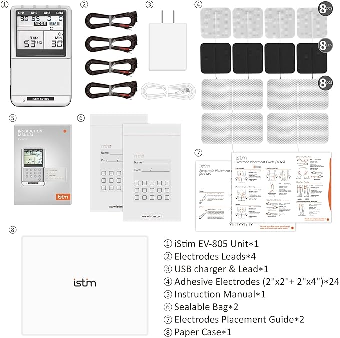 iSTIM EV-805 TENS EMS 4 Channel Rechargeable Combo Machine Unit - Muscle Stimulator + Back Pain Relief and Management- 24 Programs/Backlit (Including Electrodes Pads)