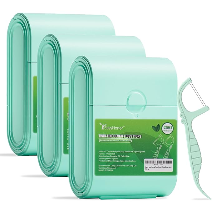 EasyHonor Dental Floss Picks,Twin-Line Mint Flavor Dental Flossers, Dual Action Flossing System, Easy Carry and Pick, 156 Count Floss Sticks in 3 Portable case.(Green, Mint)