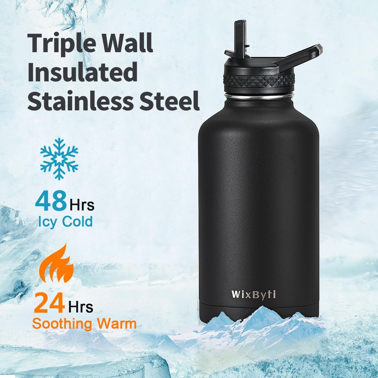 64 oz Insulated Water Bottle with Straw (Cold for 48 Hrs), Half Gallon Stainless Steel Triple Wall Vacuum Sports Water Jug, Leakproof Hydro Cup Flask with Straw Spout Lids & DIY Stickers