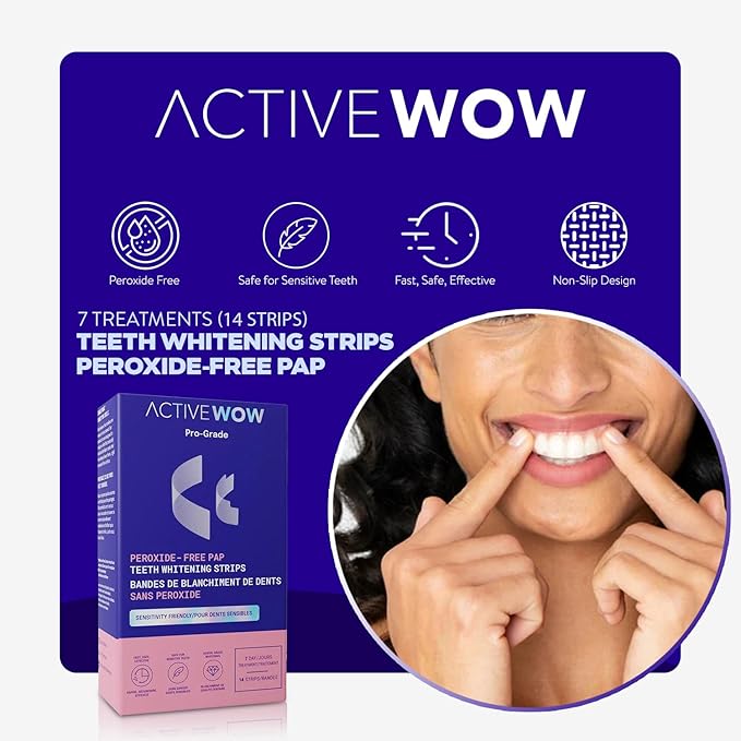 Active Wow 24k White Teeth Whitening Strips - Sensitive Teeth Whitening Strips, Peroxide Free Formula, Enamel Safe Teeth Whitening, Teeth Whitening Stain Remover - 7-Day Kit, 14 Whitener Strips