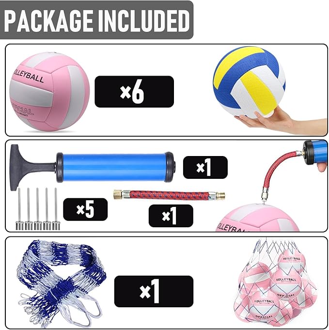 6 Pack Official Size 5 Synthetic Leather Volleyballs, Includes Pump and Net Bag, Volley Ball for Indoor and Outdoor Competition