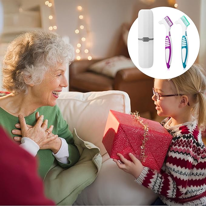 2pcs Denture Brush, Denture Cleaning Brush Set with White Carrying Case Denture Toothbrushes with Multi-Layered Soft Bristles and Rubber Anti-Slip Handle (Purple + Green)