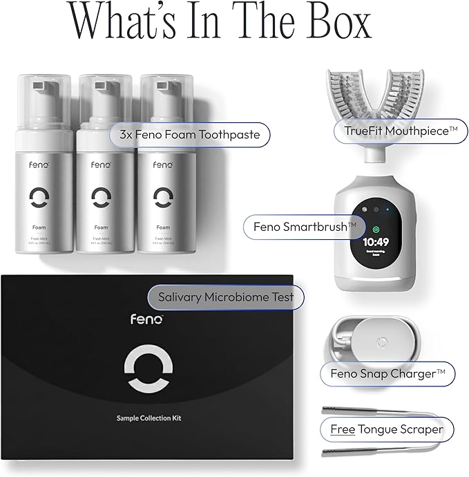 Feno Smartbrush Elite Oral Health – AI-Powered Electric Toothbrush with Personalized Mouthpiece, Foam Toothpaste (3 Tubes), Tongue Scraper, Salivary Microbiome Test & 12-Month Plus Membership