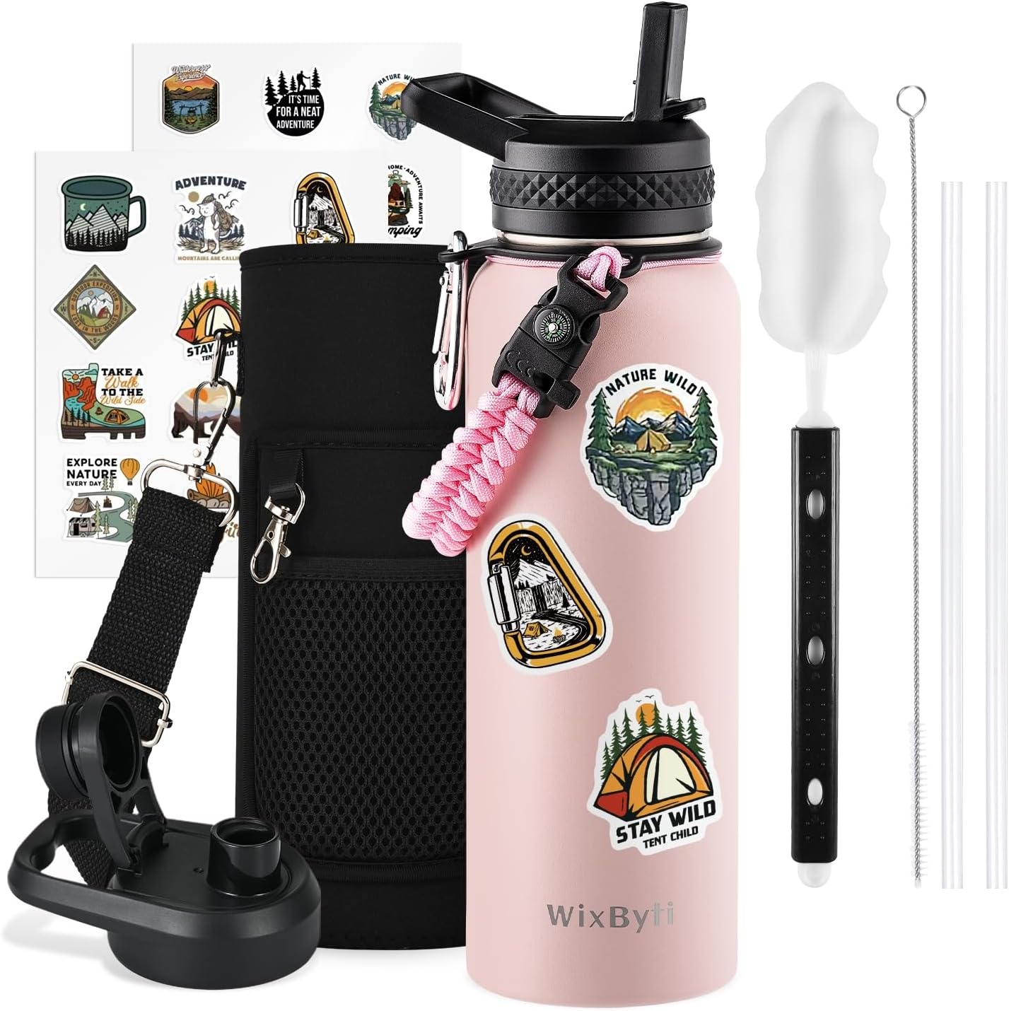 40 oz Insulated Water Bottle with Straw (Cold for 48 Hrs), Stainless Steel Triple Wall Vacuum Sports Water Jug, Leakproof Hydro Cup Flask with Paracord Handle & Straw Spout Lids & DIY Stickers