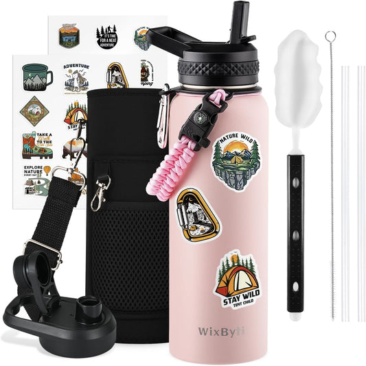 40 oz Insulated Water Bottle with Straw (Cold for 48 Hrs), Stainless Steel Triple Wall Vacuum Sports Water Jug, Leakproof Hydro Cup Flask with Paracord Handle & Straw Spout Lids & DIY Stickers