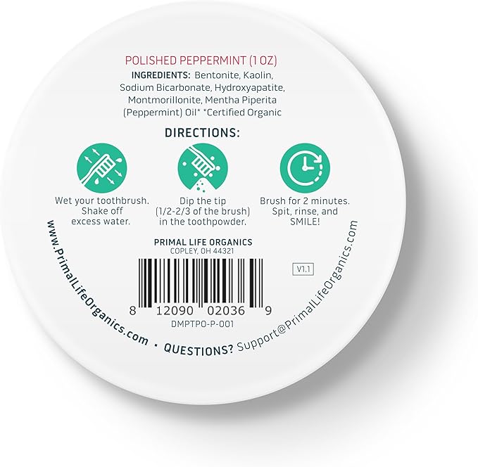 Primal Life Organics - Dirty Mouth Toothpowder, Tooth Cleaning Powder, Flavored Essential Oils with Natural Kaolin & Bentonite Clay, Good for 200+ Brushings, Paleo, Organic, Vegan (Peppermint, 1 oz)