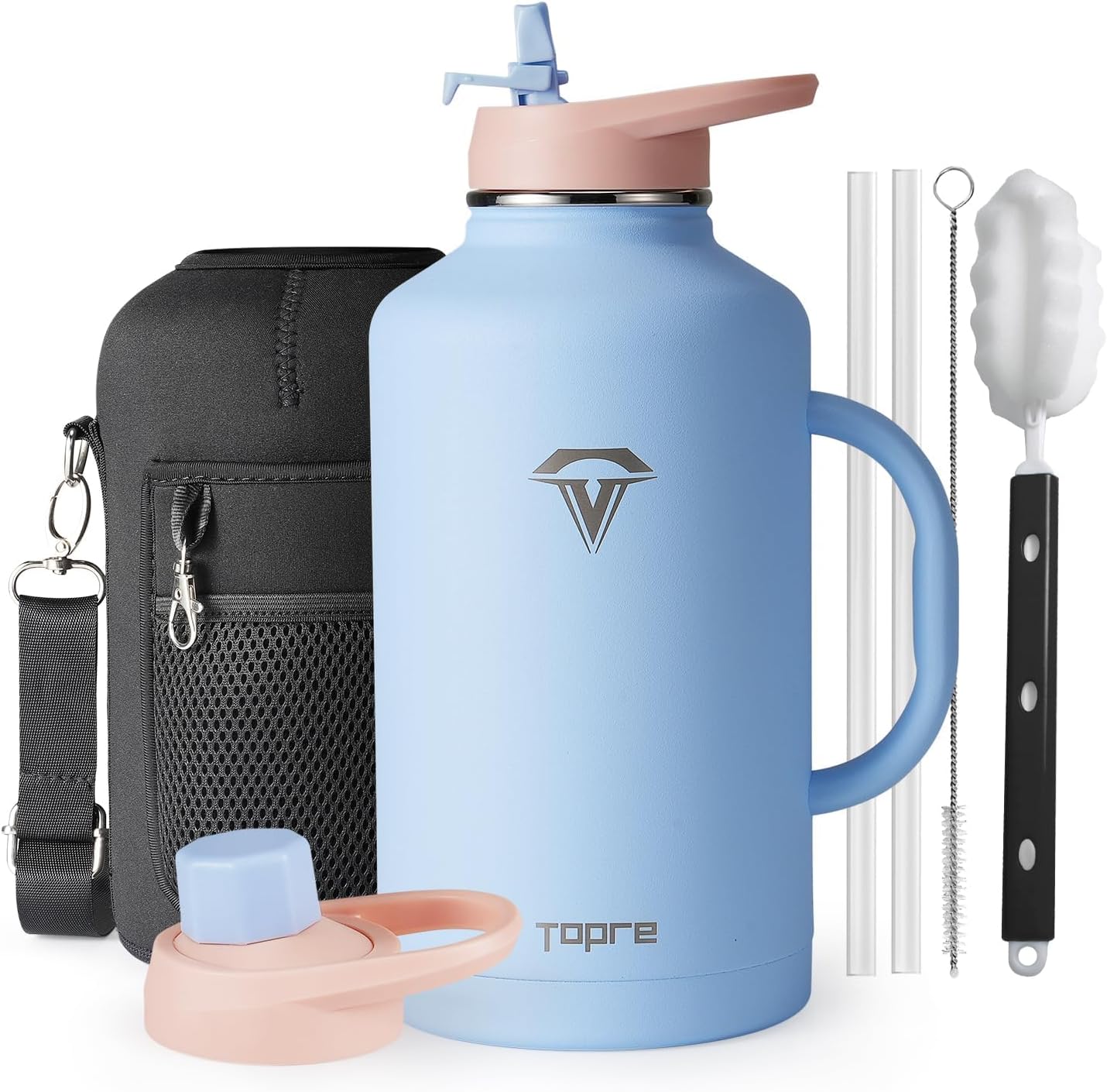 64 oz Insulated Water Bottle with Straw and Lid, Half Gallon Stainless Steel Cup with Handle,Leakproof Metal Travel Jug Flask Mug Tumbler Cup With Carry Pouch and Brush,Keep Cold & Hot,Blue