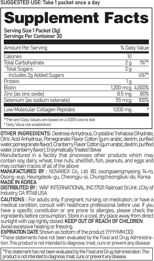 NEWTREE Biotin Cell Low Molecular Weight Marine Collagen Peptides Powder Packet, Protein Powder Supplement for Skin Hair Nail, Travel Packs - Taking Without Water, 30 Sticks