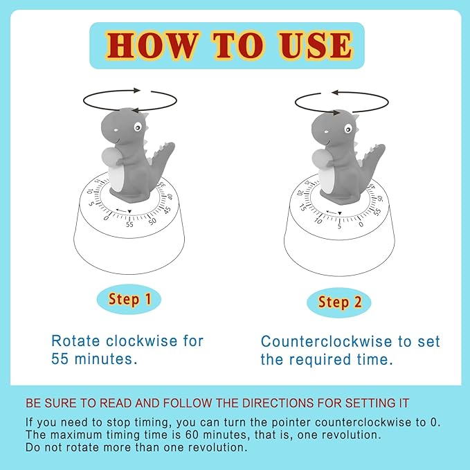60 Minutes Mechanical Kitchen Timer,Cute Dinosaur Timer for Kids,Wind Up Egg Timer for Cooking,Reading,Classroom and Do Sports. (Sky Blue)