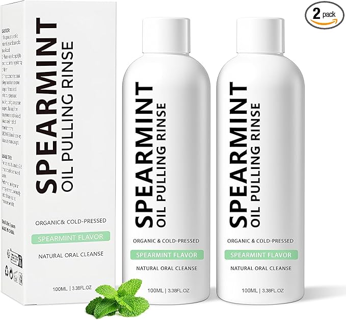 Spearmint Oil Pulling Rinse, Cold-Pressed Coconut Oil for Whitening Teeth, Peppermint Pulling Oil for Teeth and Gums, Pure Mint Mouthwash (2PCS*100ML)