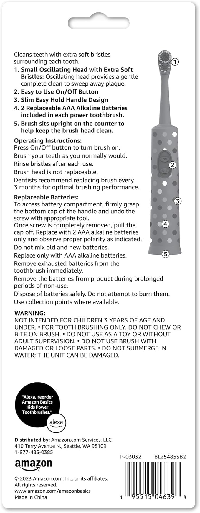 Amazon Basics Kids Battery Powered Toothbrush, 2 Count, 1 Pack (Previously Solimo)