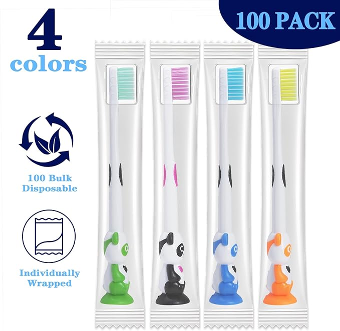 100 Pack Kids Toothbrush Bulk Soft Bristles Toddler Toothbrush with Suction Cup, Lovely Includes Travel Covers, Individually Wrapped Toothbrushes for Kid Home School Daycare Camp (Panda)