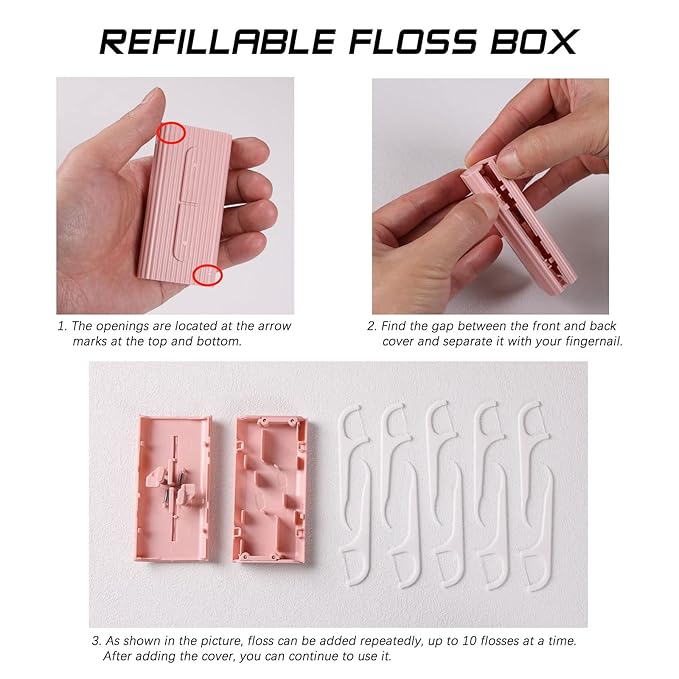 Pink Dental Floss Portable Case, Storage 10 Picks Adult Floss in Box. The Best Tool for Cleaning Teeth and Oral Care. Portable Travel Floss is Perfect for Dinners, Dating, Travel, Hotels.(Pink)
