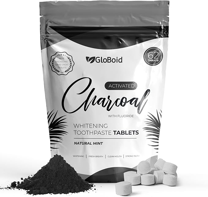 GloBoid Charcoal Toothpaste Tablets with Fluoride, Zero Waste Toothpaste Bits, Eco Friendly Toothpaste Tabs, Plastic Free Toothpaste Bites - 1 Month Supply - 62 Count - Mint